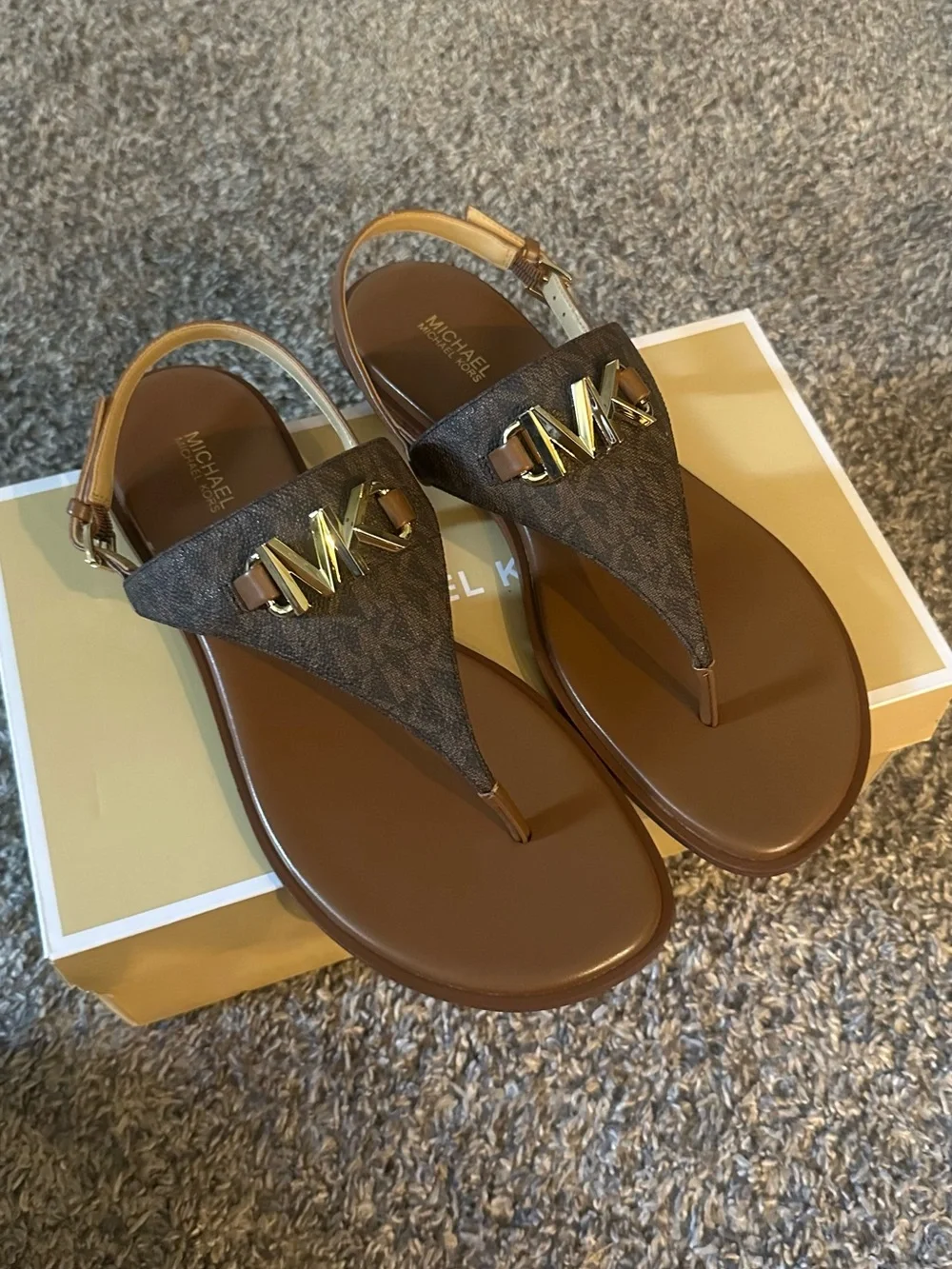 Michael Kors Brown Logo Thong Sandals with Gold MK Accent